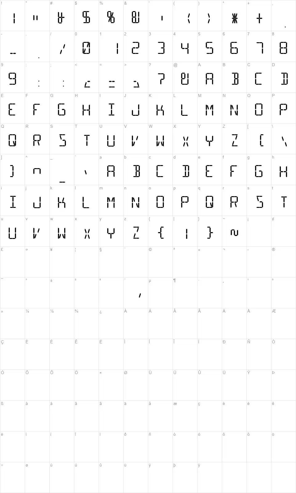 16 Segmentsfont character map