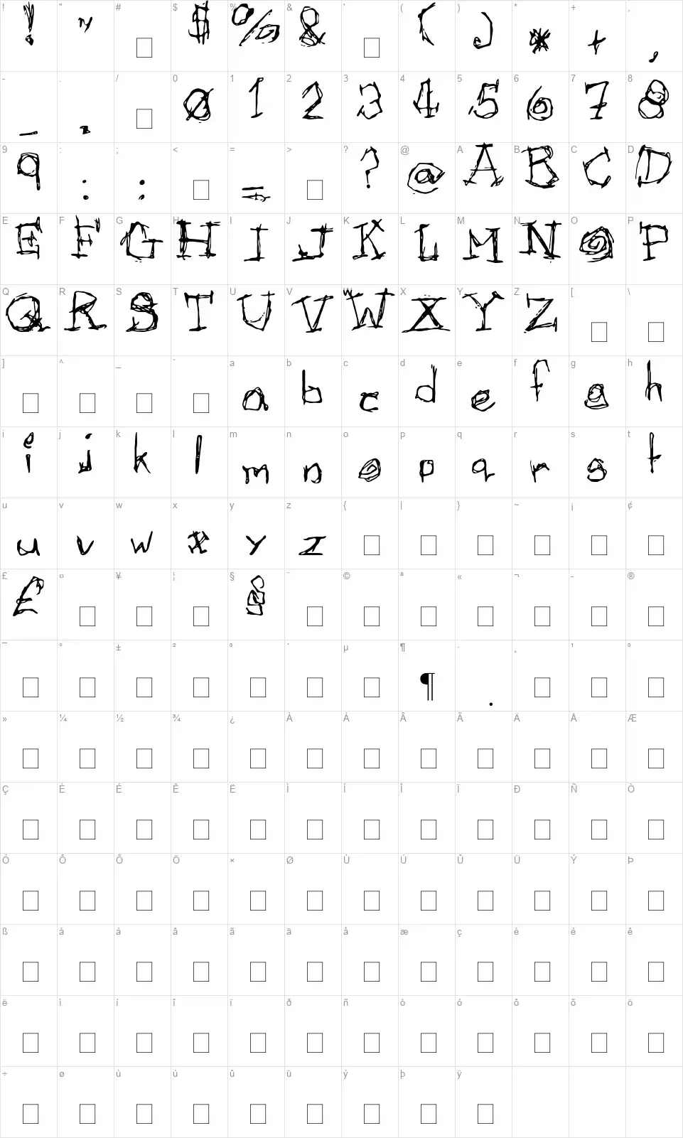 Afectionlessfont character map