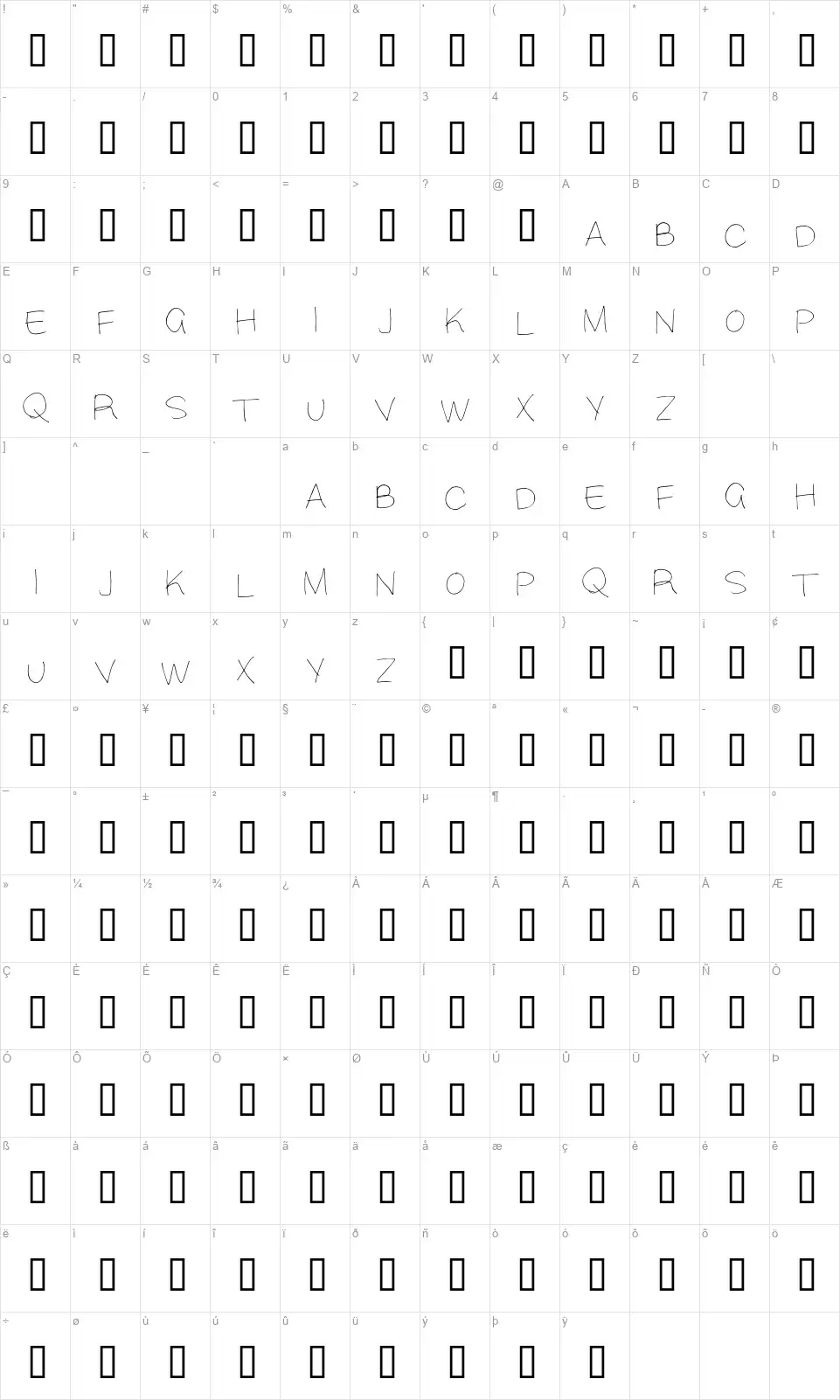 Aliskyfont character map