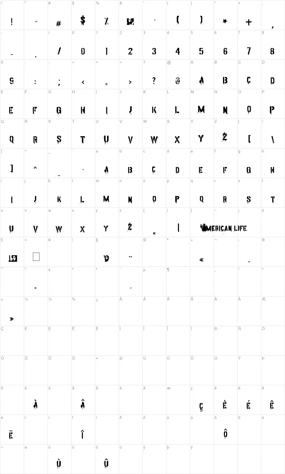 American Lifefont character map