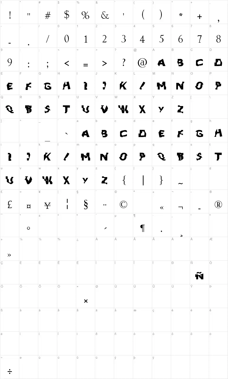 Artpopfont character map