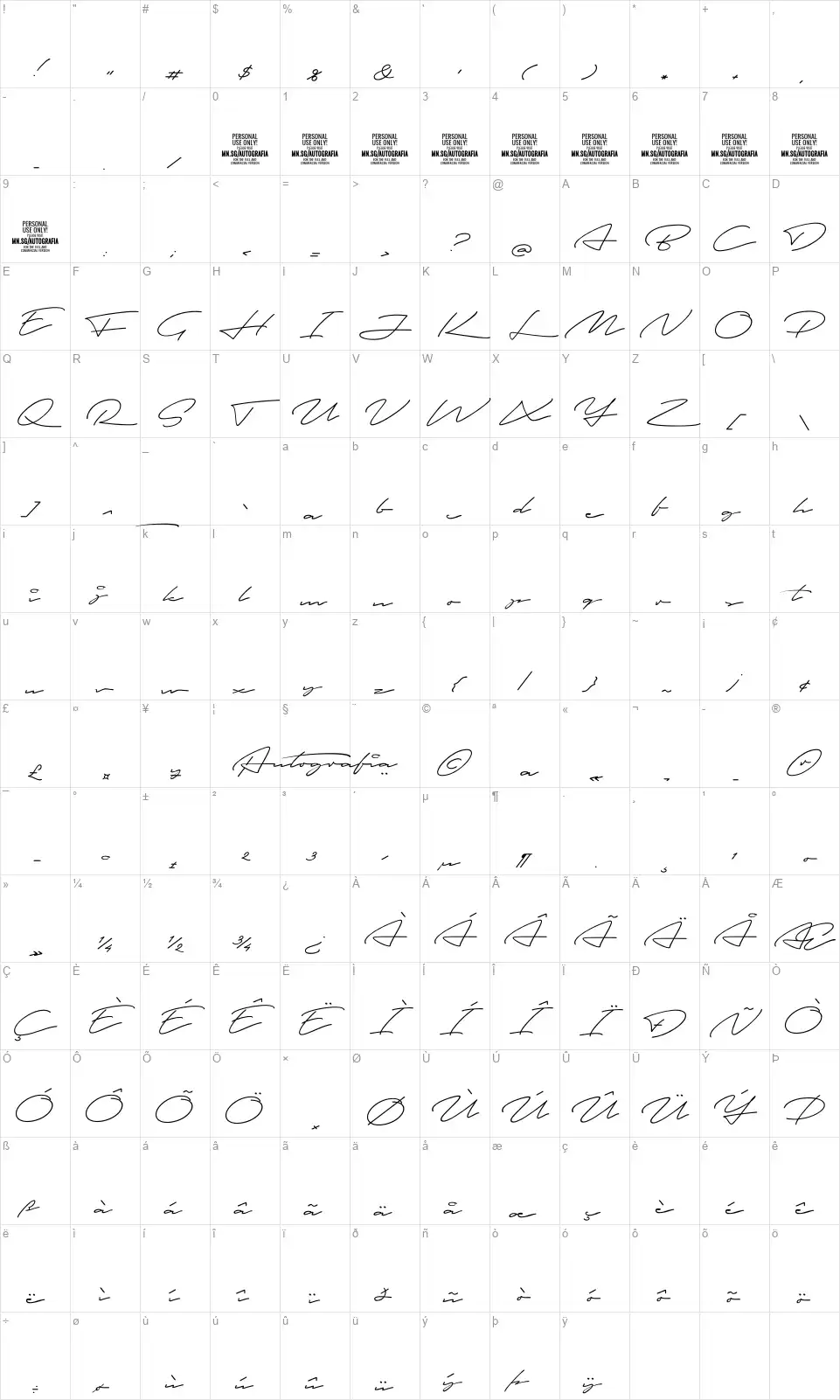 Autografiafont character map