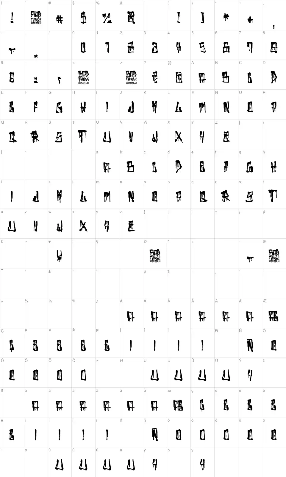 Bad Thingsfont character map