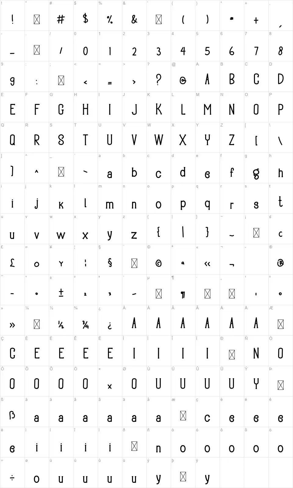 Barkoly Slimfont character map