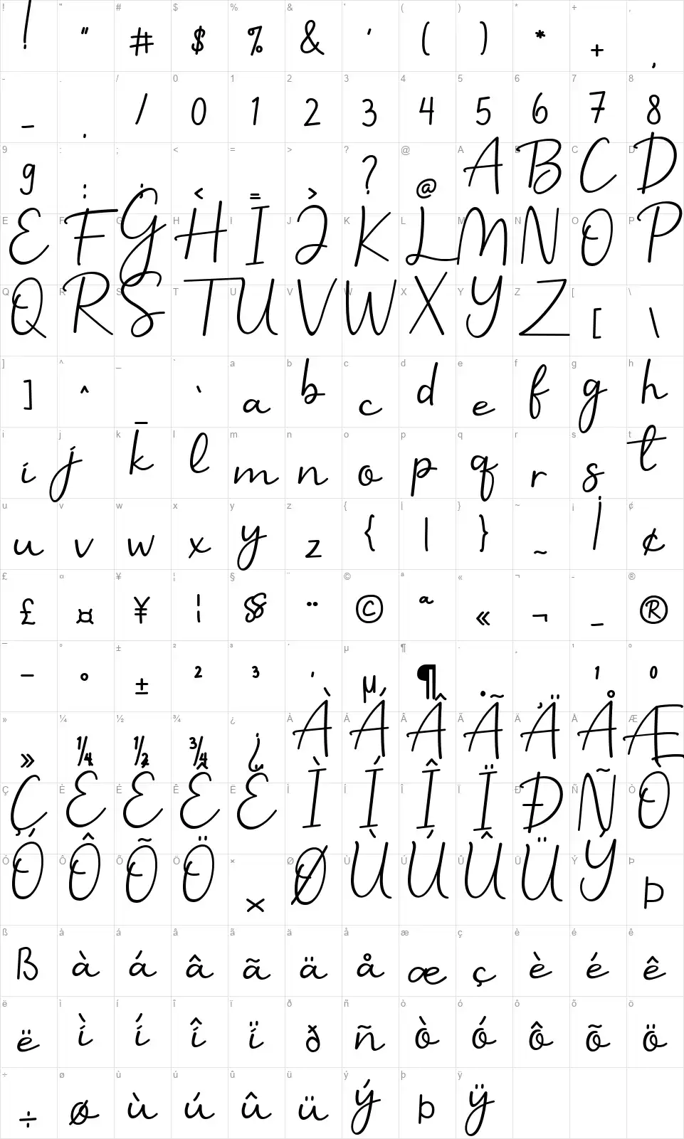 Benilla Calligraphyfont character map