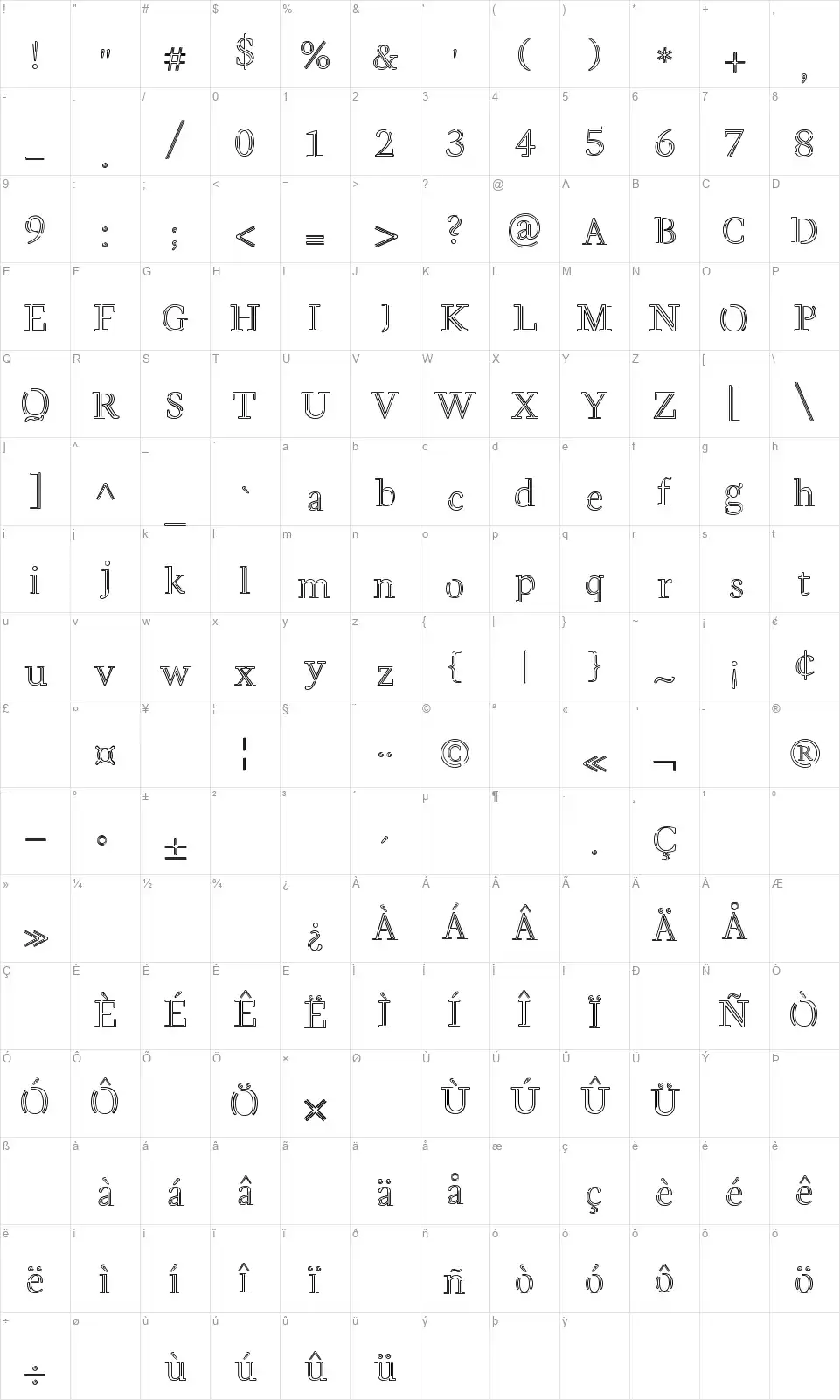 Bent Wirefont character map