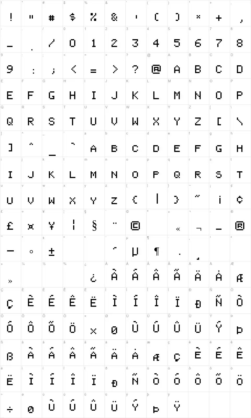 Bienvenufont character map