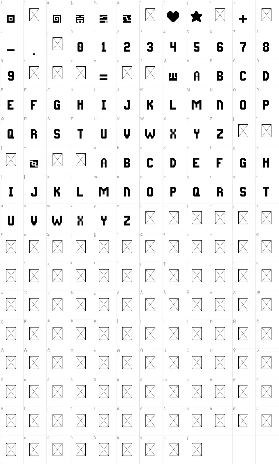 Bionicle Training Cardfont character map