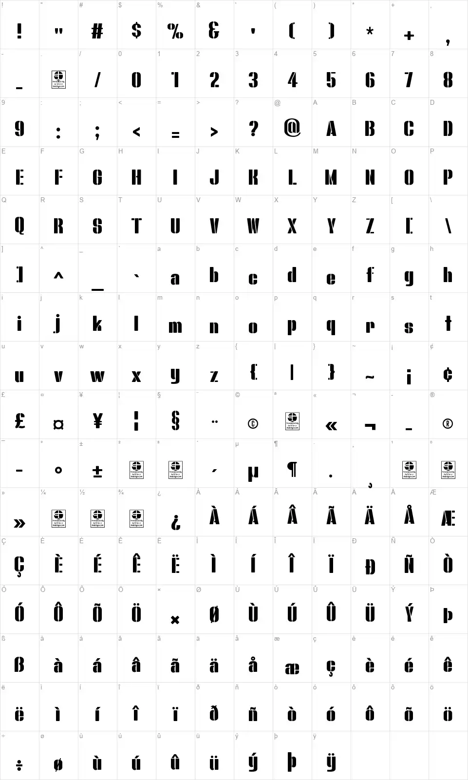 Bluefish Stencilfont character map