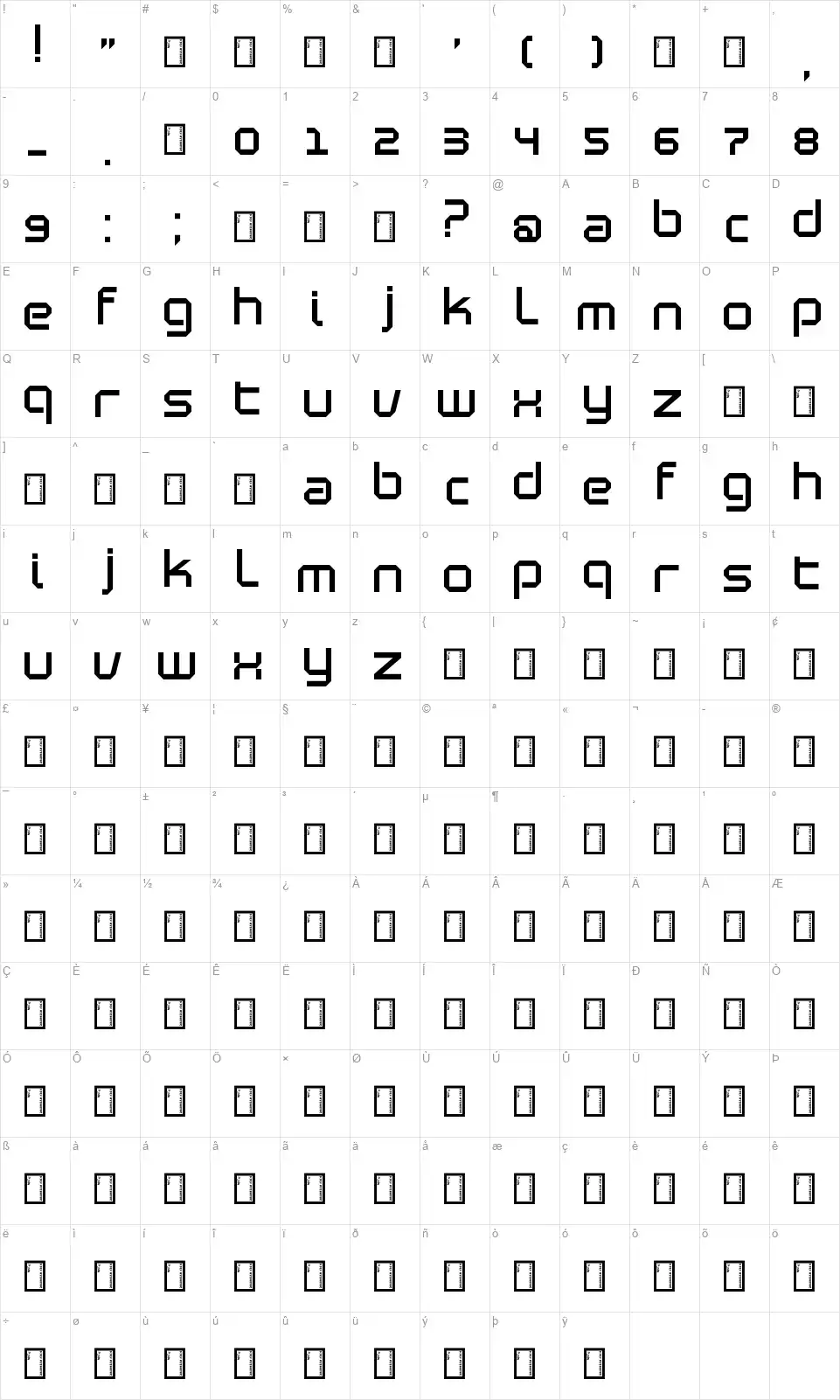 Blutterfont character map