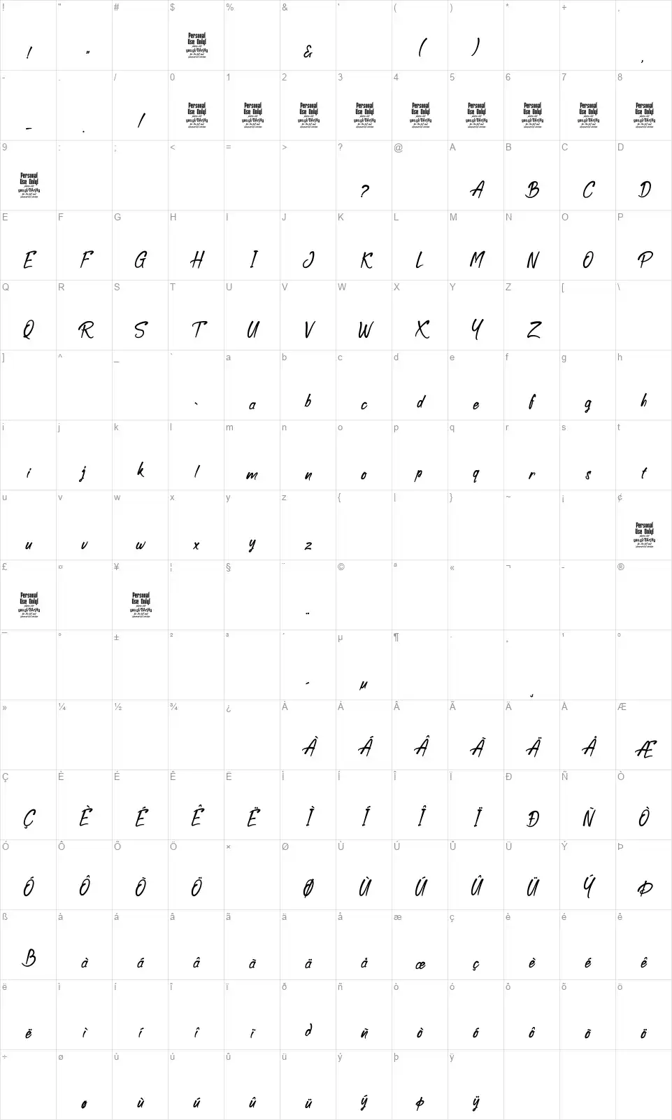 Boolackfont character map