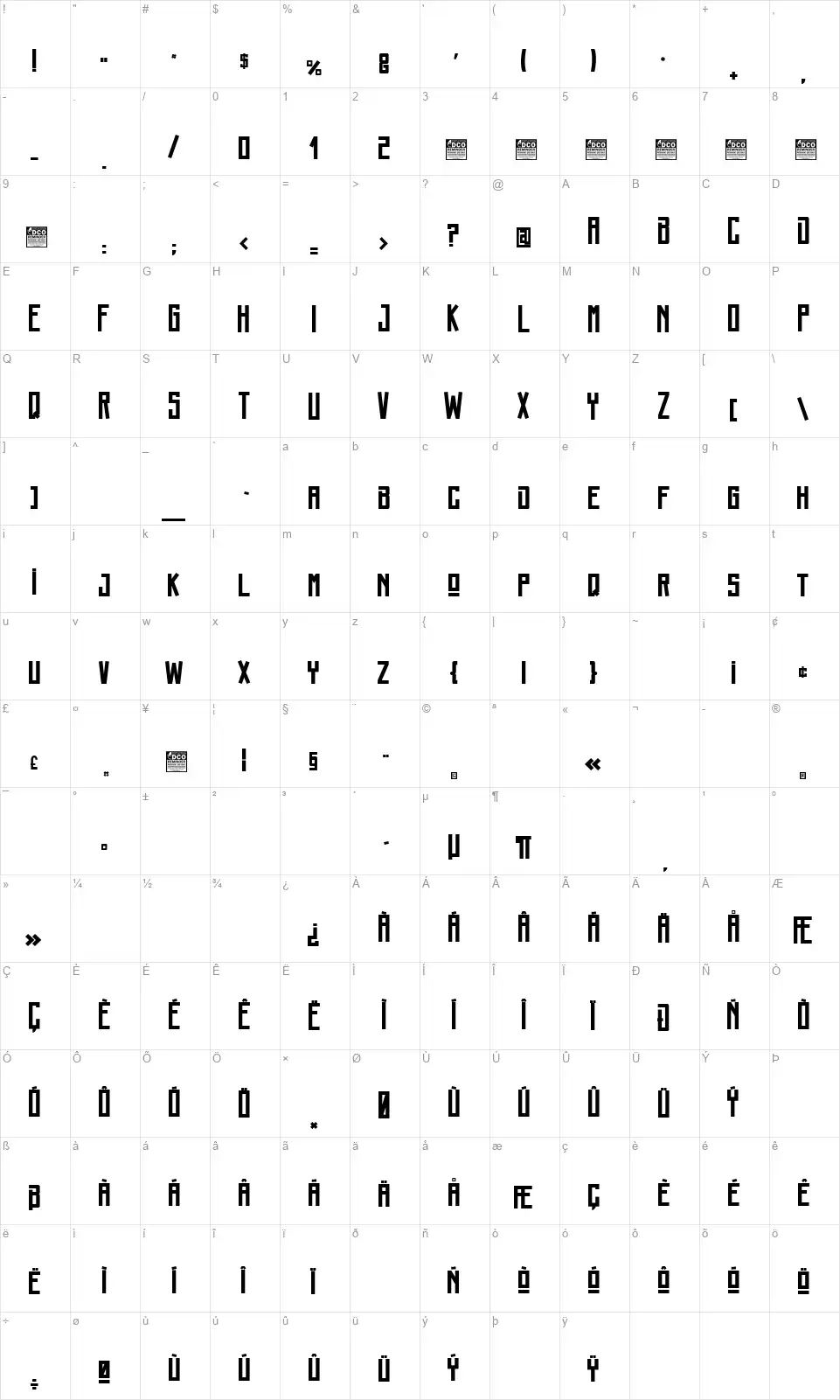 Bozosfont character map
