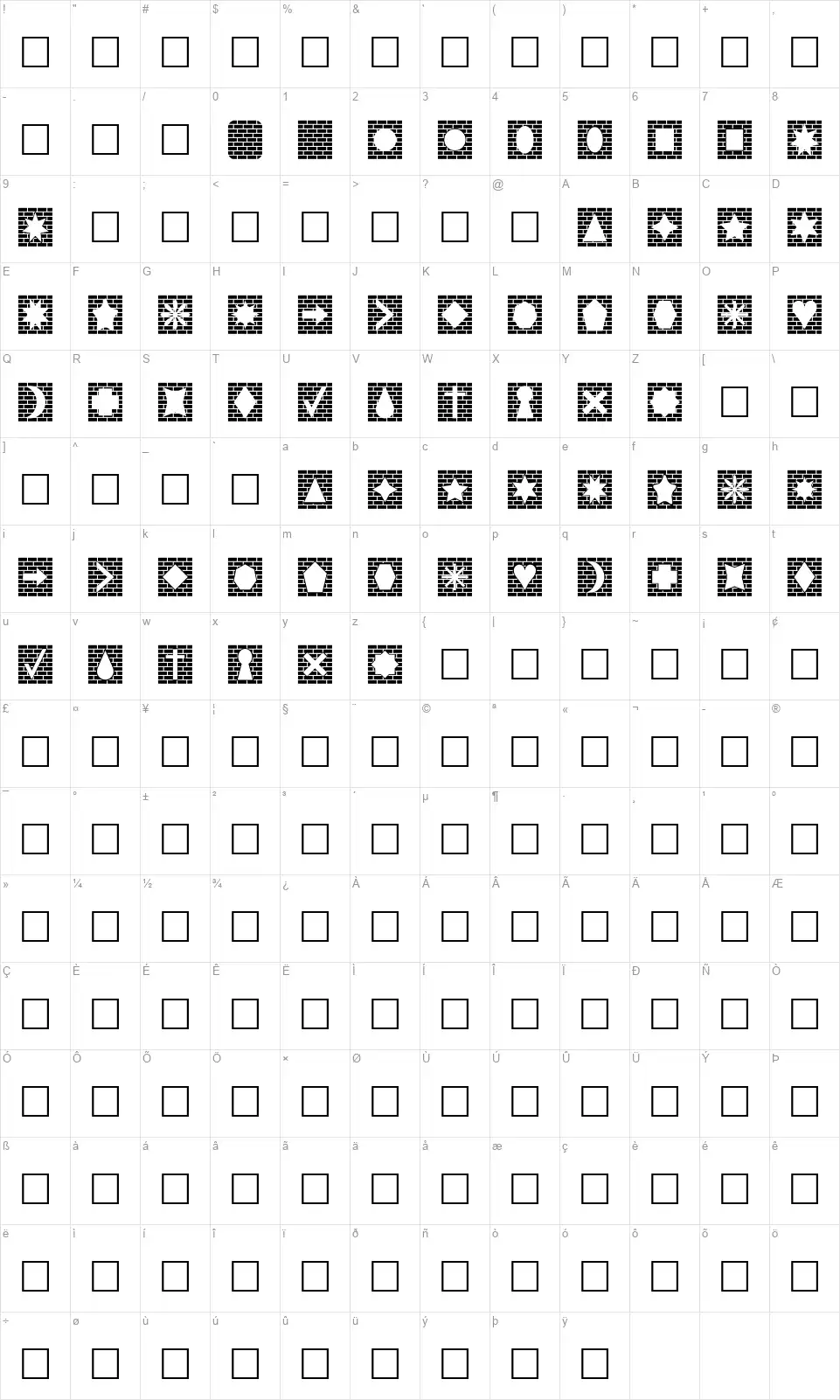 Bricks n Thingsfont character map