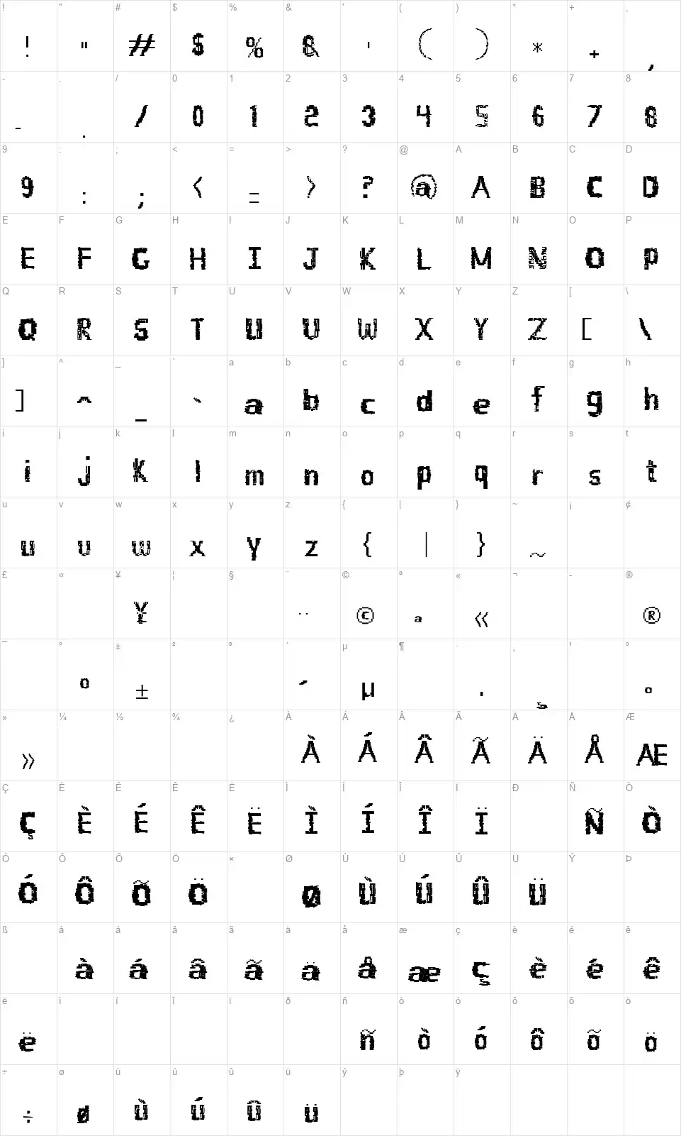 Buildlightfont character map