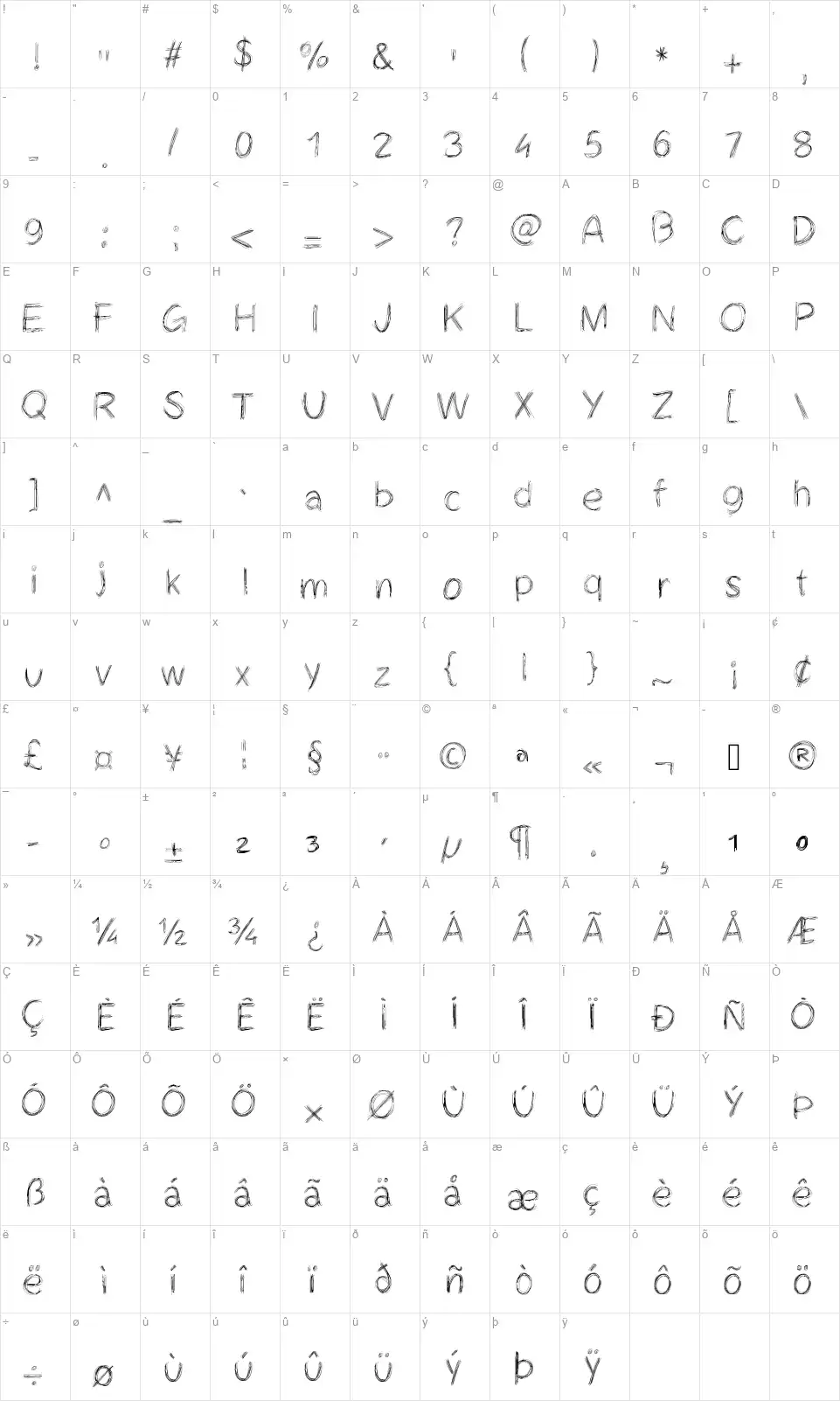 Cheveuxdangefont character map