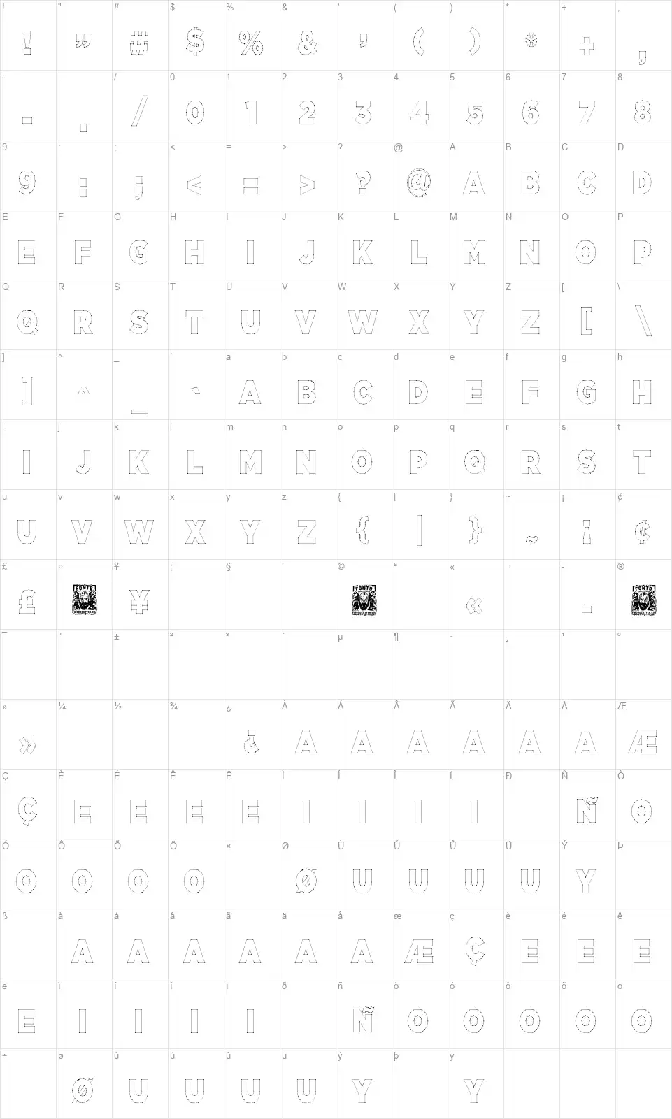 Contornosfont character map
