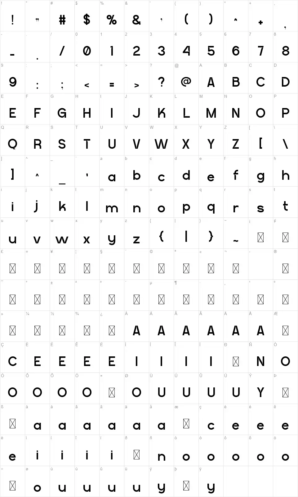 Contrailfont character map