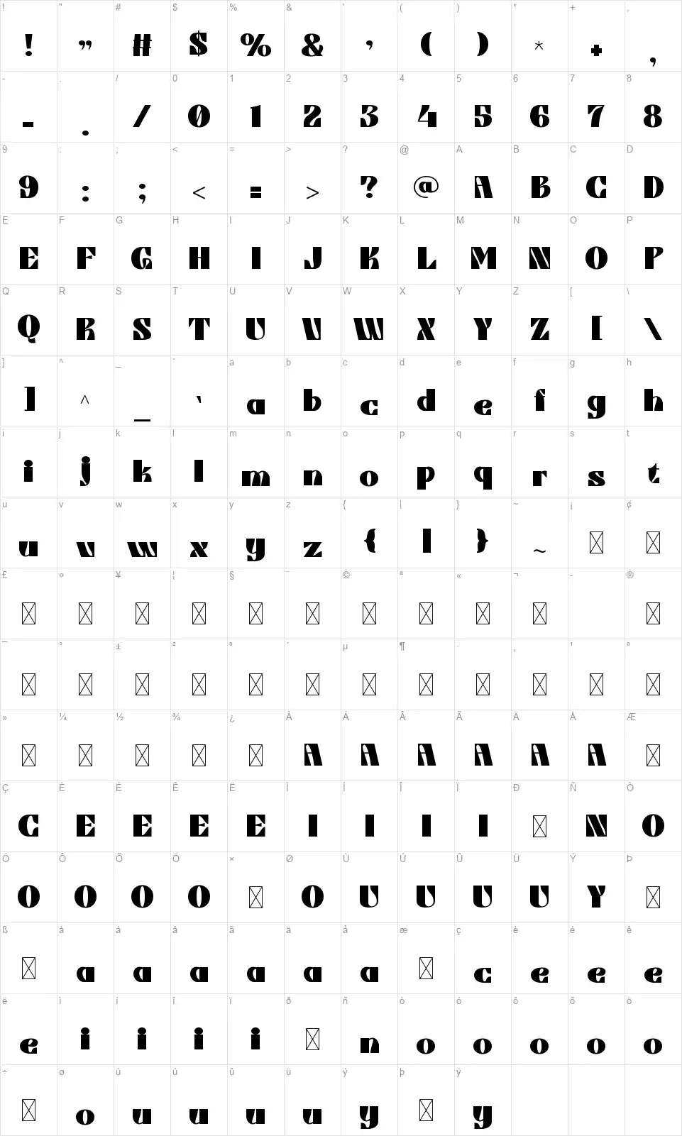 Crevofont character map