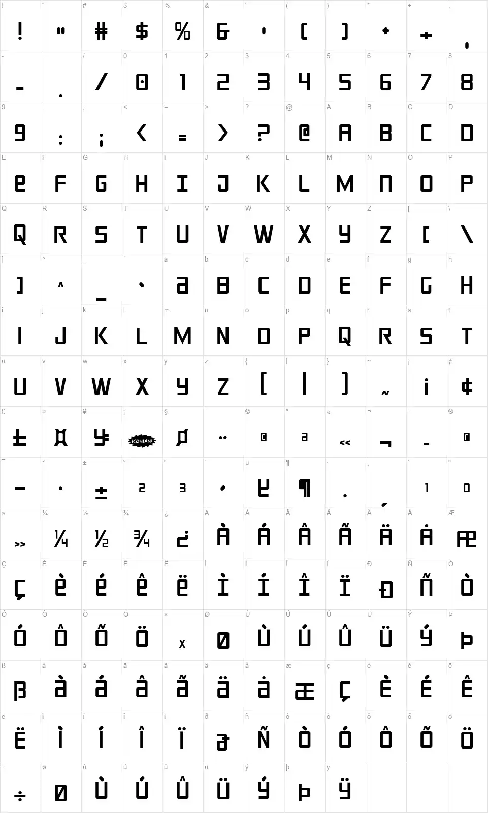 Crixus font character map