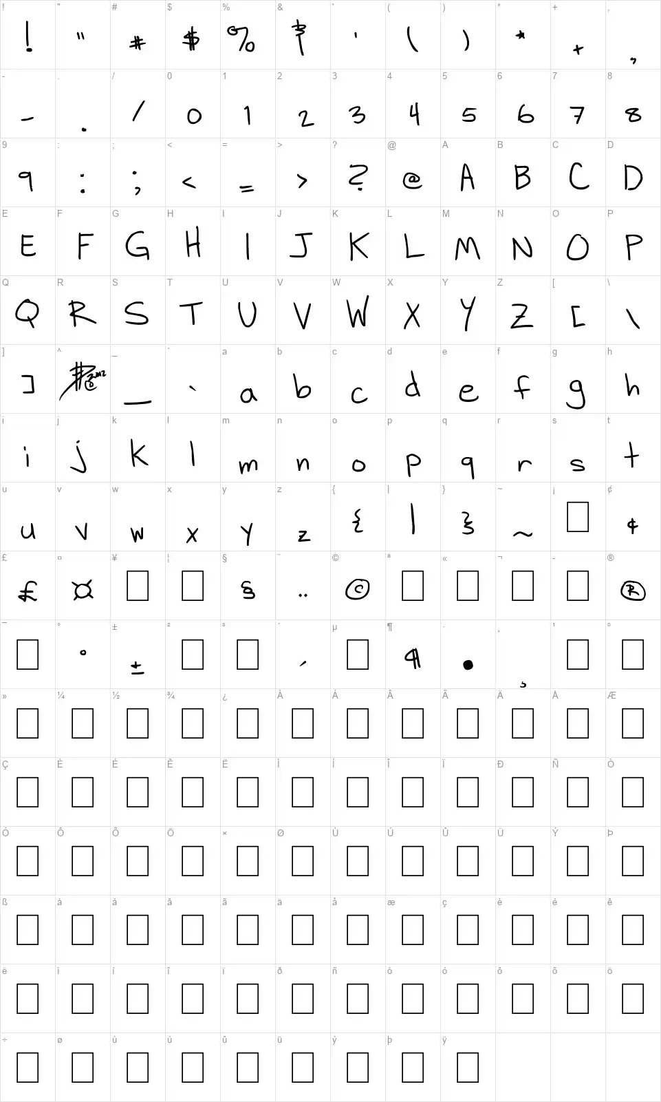 DH Hand Scribbliesfont character map