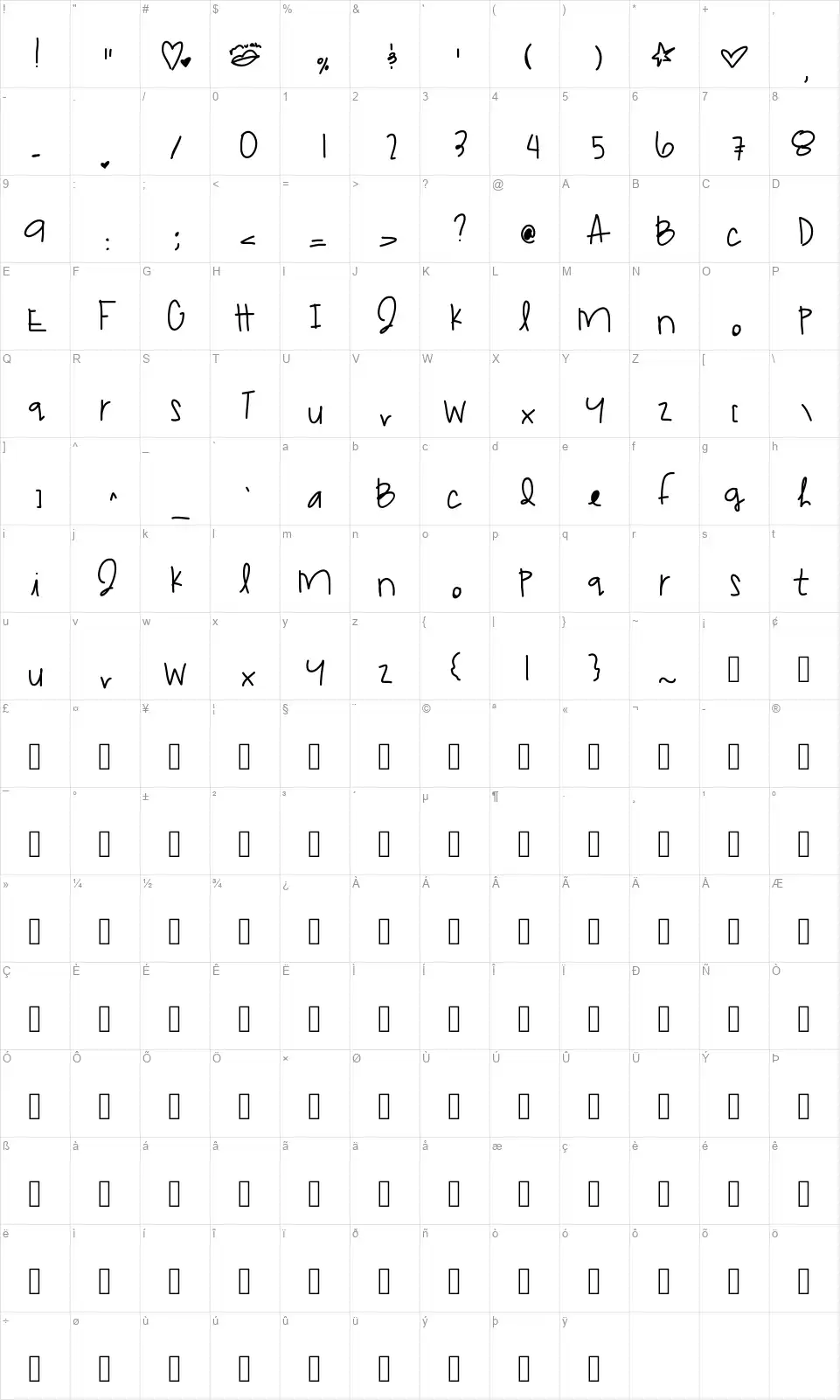 Dream Catcherfont character map