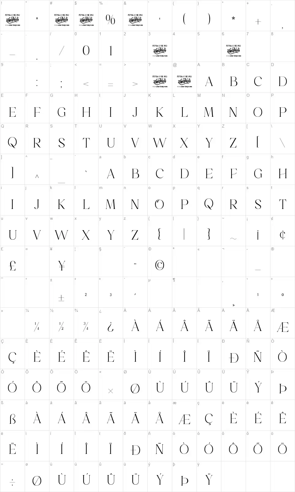 Emeralde Chamerions Scriptfont character map