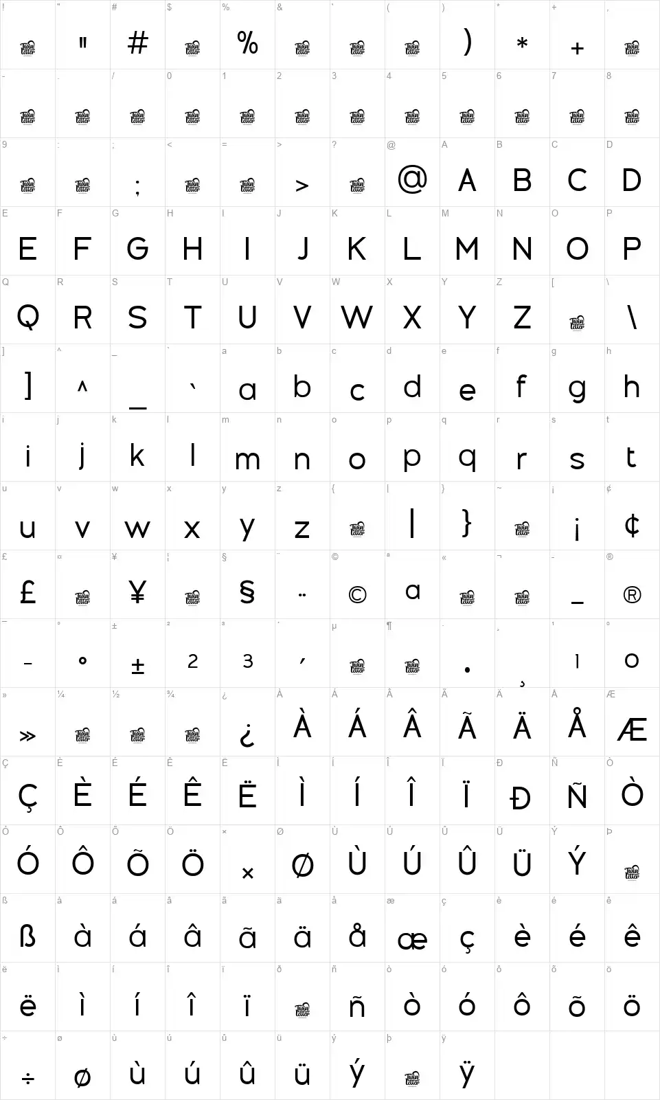 Ewangifont character map