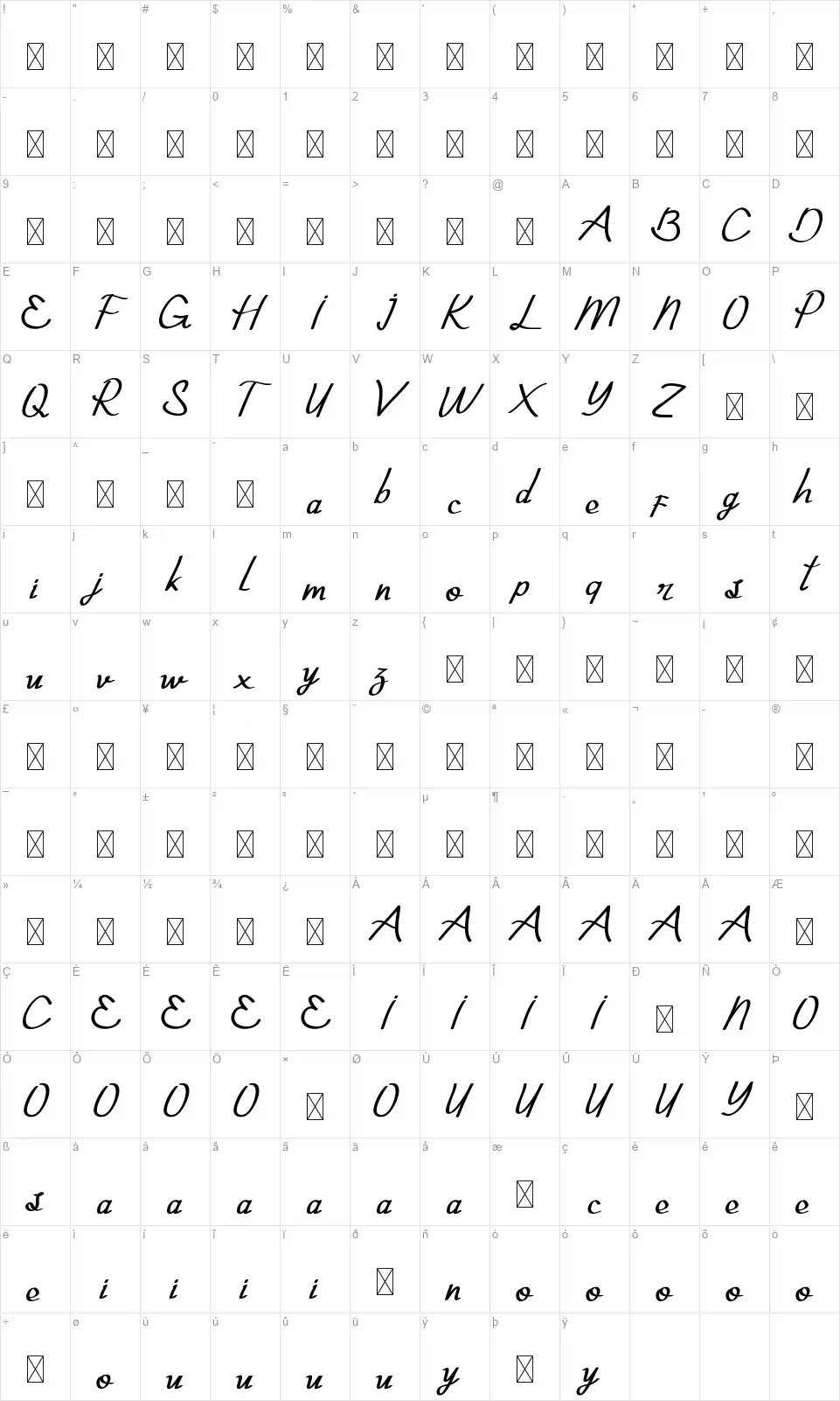 Exninja Caligraphyfont character map