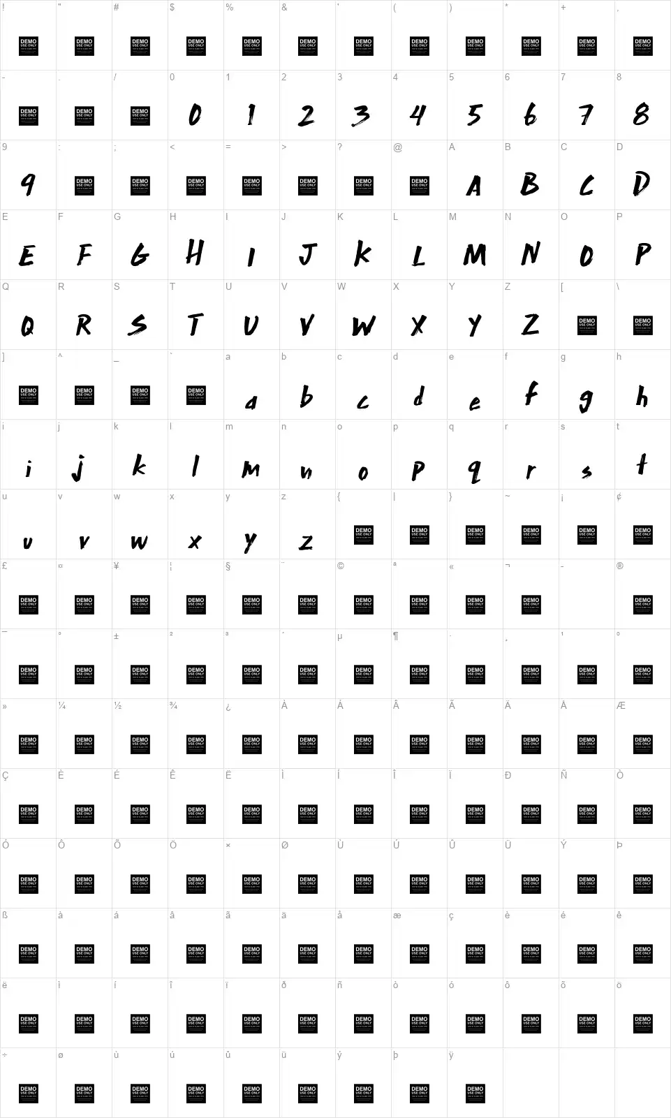 Extra Milefont character map
