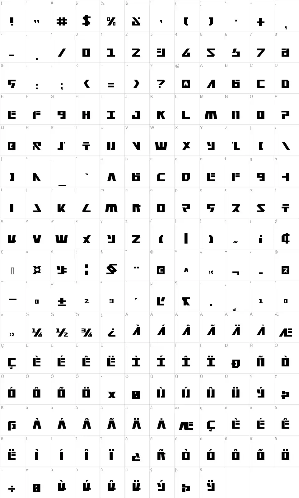 Falconheadfont character map