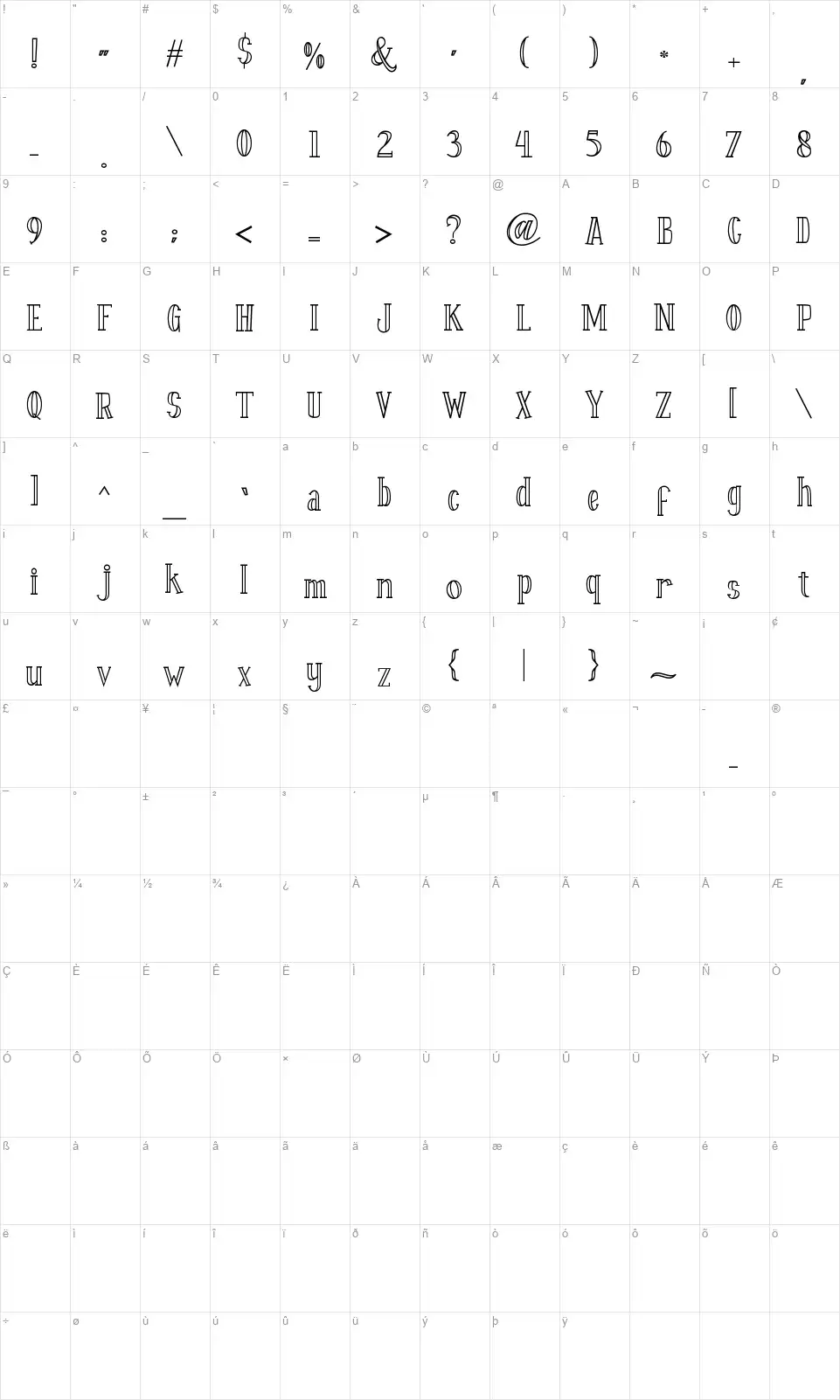 Fontastique Carvedfont character map