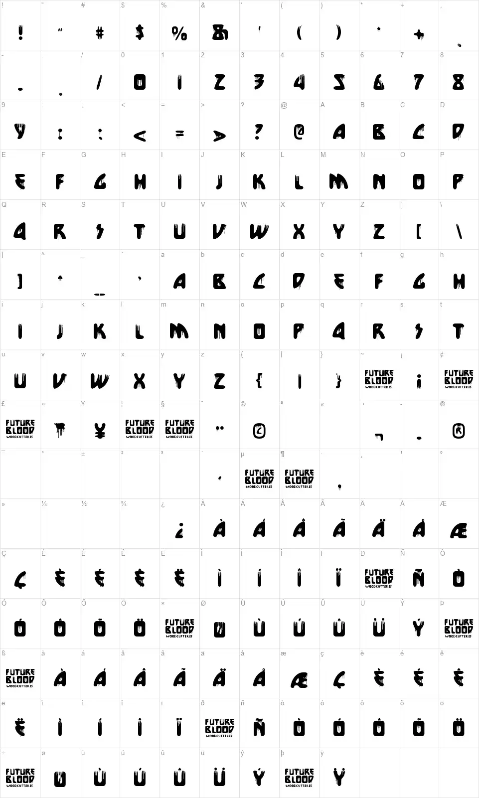 Future Bloodfont character map