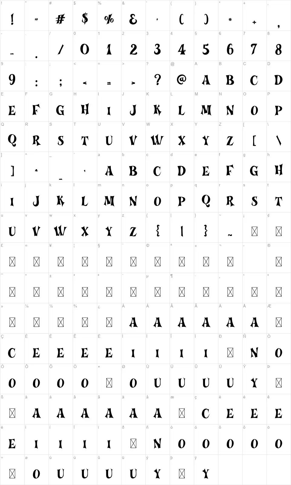 Ghosteenfont character map