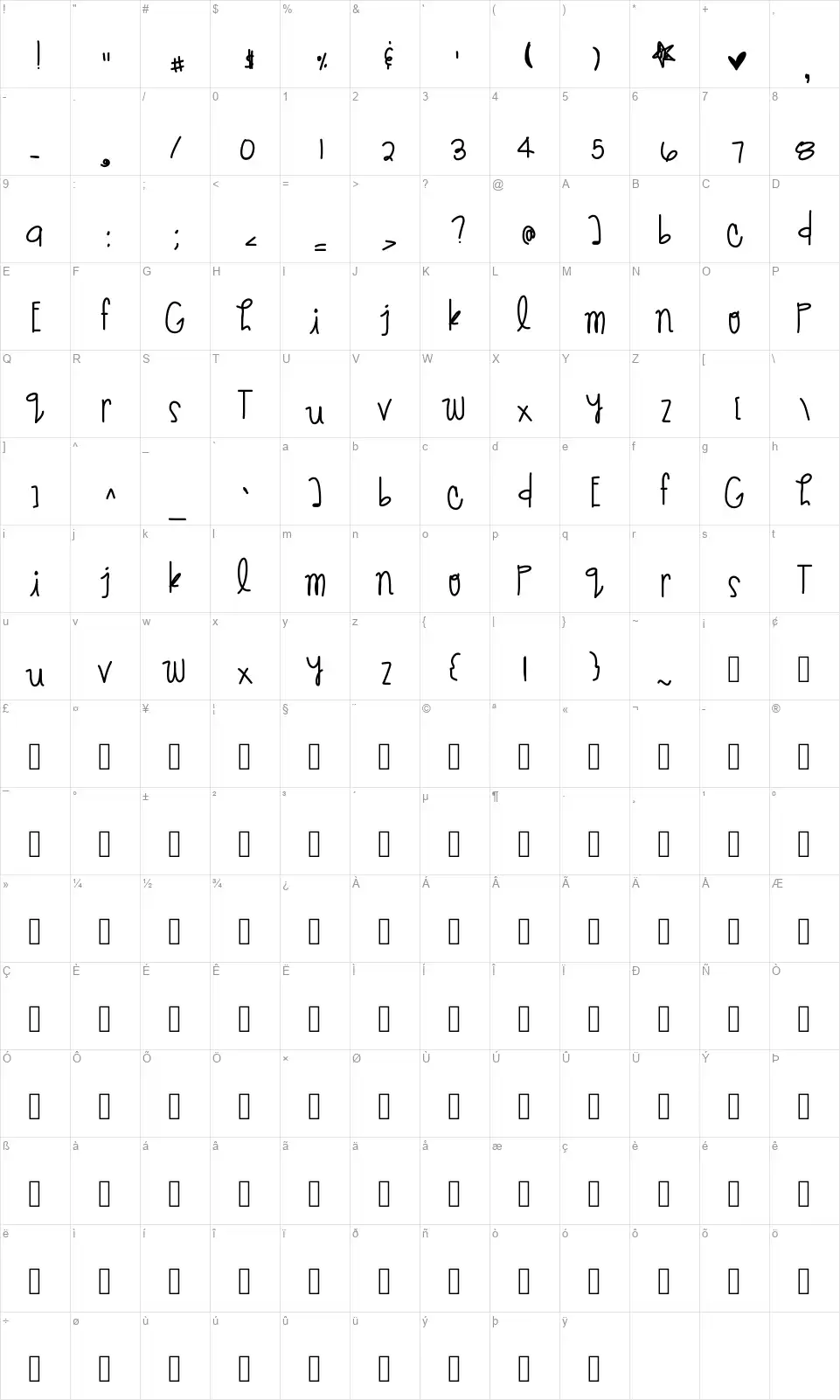 Give Me Back The Nightsfont character map