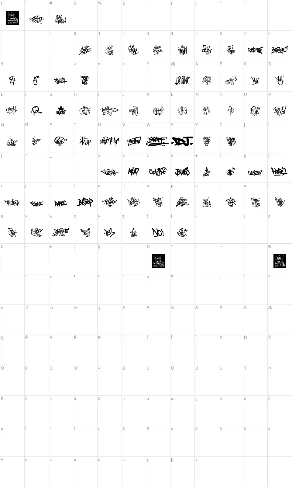 Graffiti Tagsfont character map