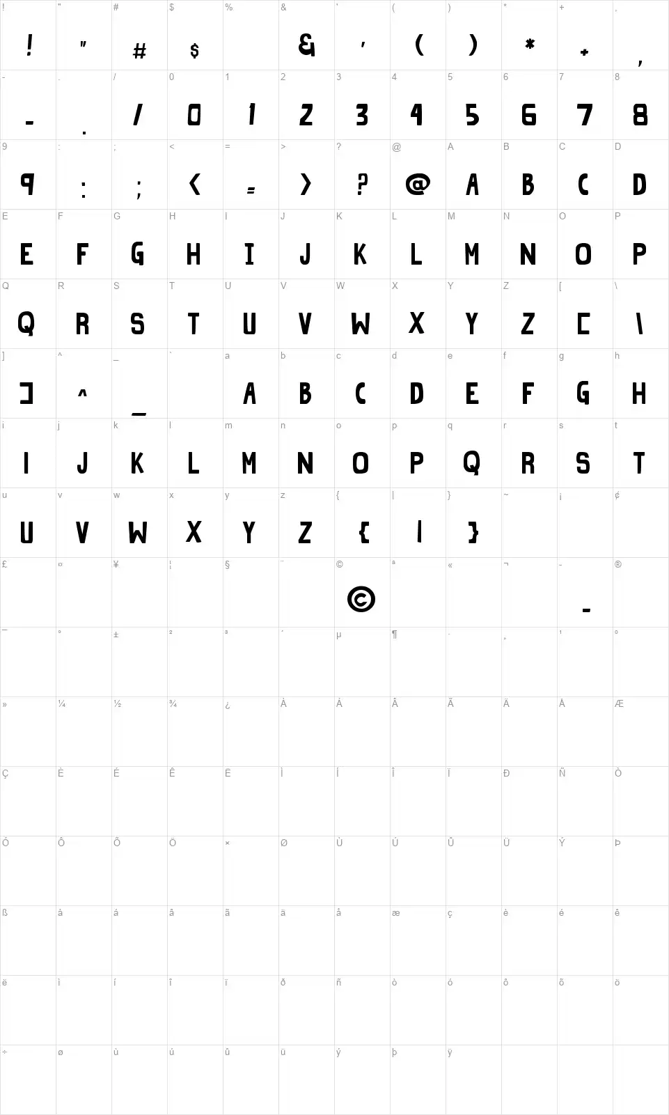 Grind Zerofont character map