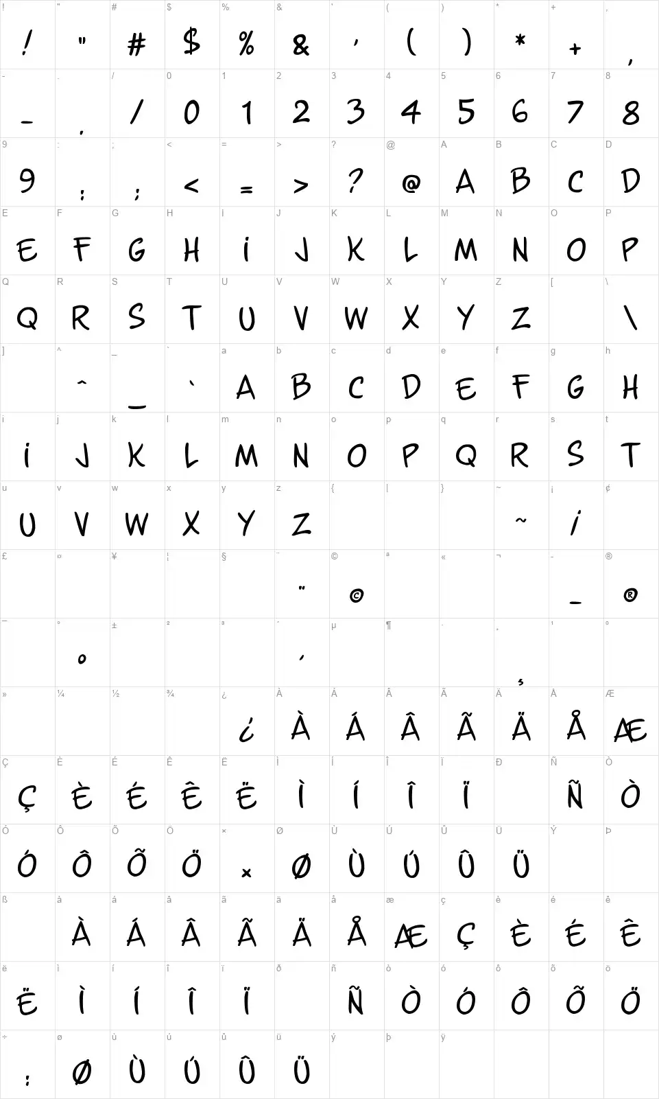 Guns n' Flash Comixfont character map