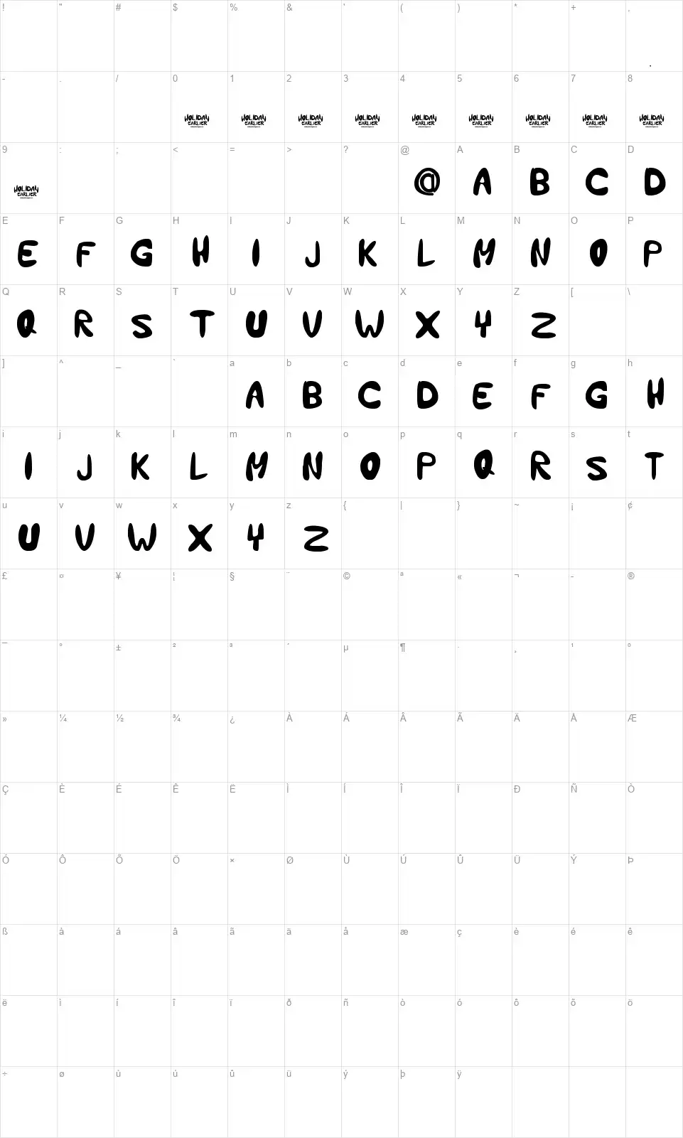 Holiday Earlierfont character map