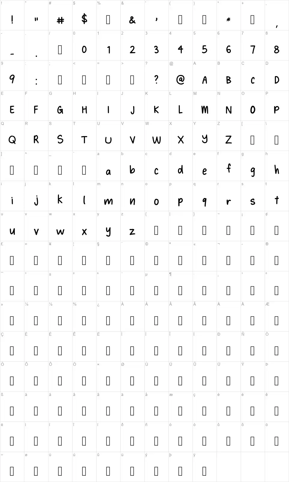 Hynings Handwritingfont character map