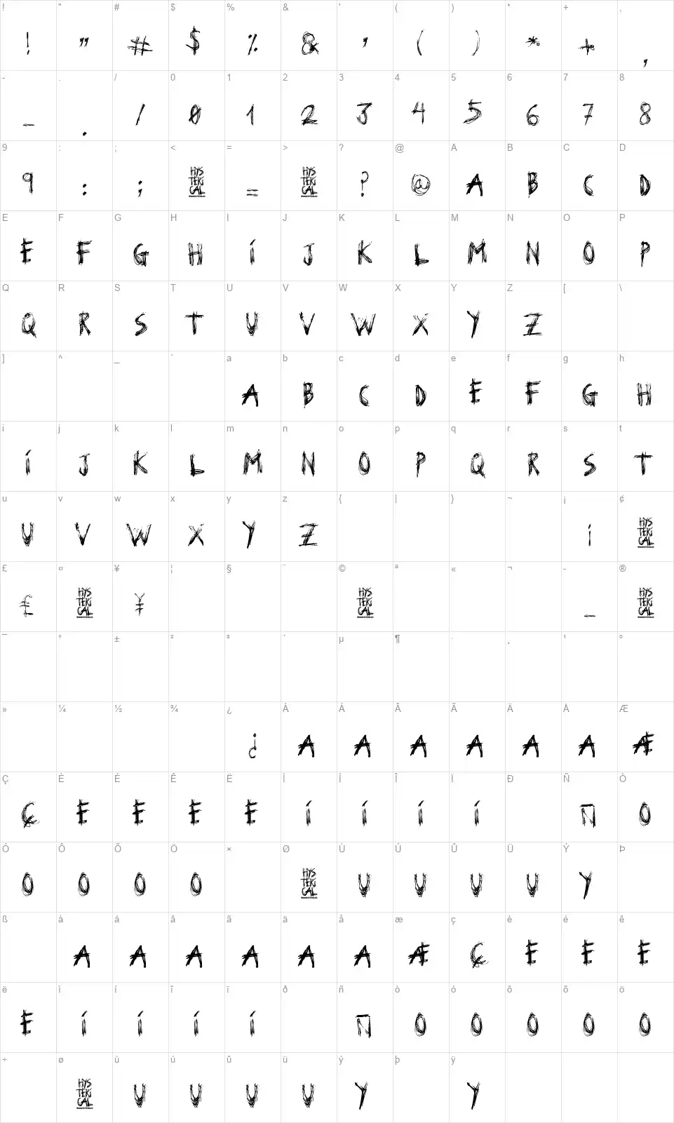 Hystericalfont character map
