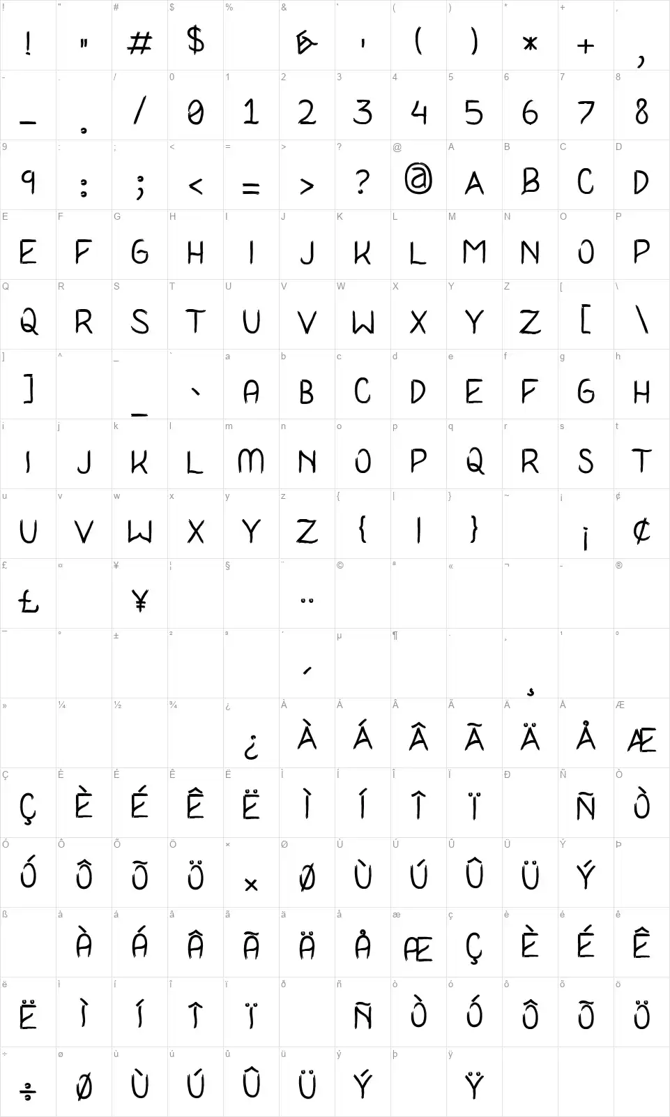 I Never Learnfont character map