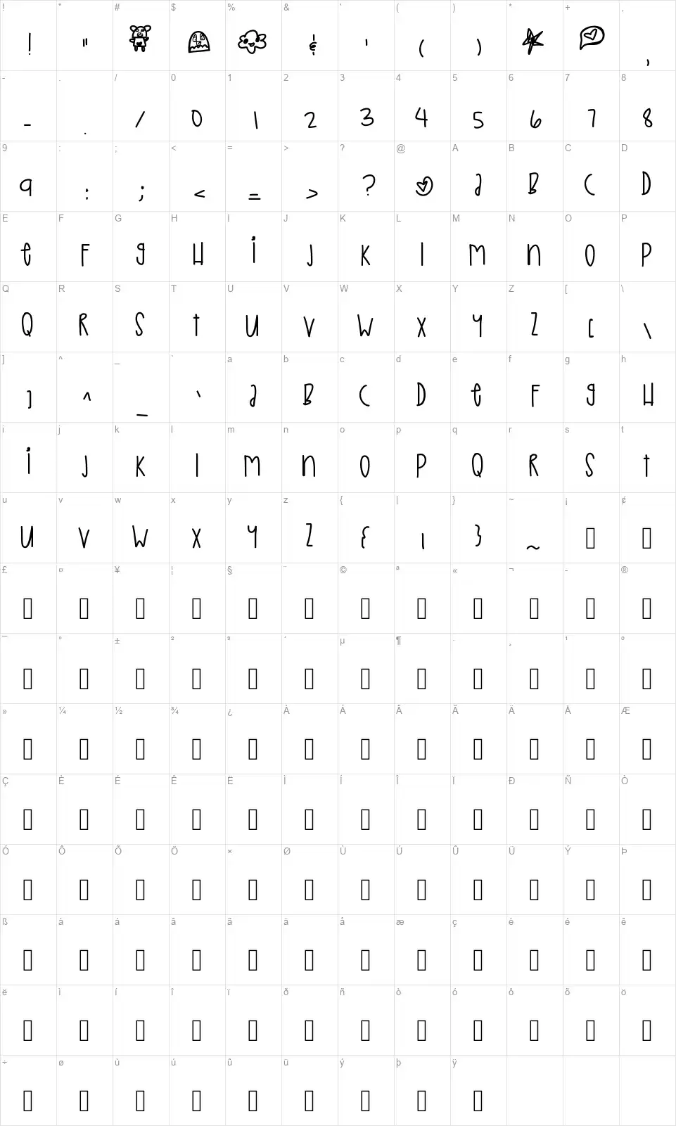 Ice Princessfont character map