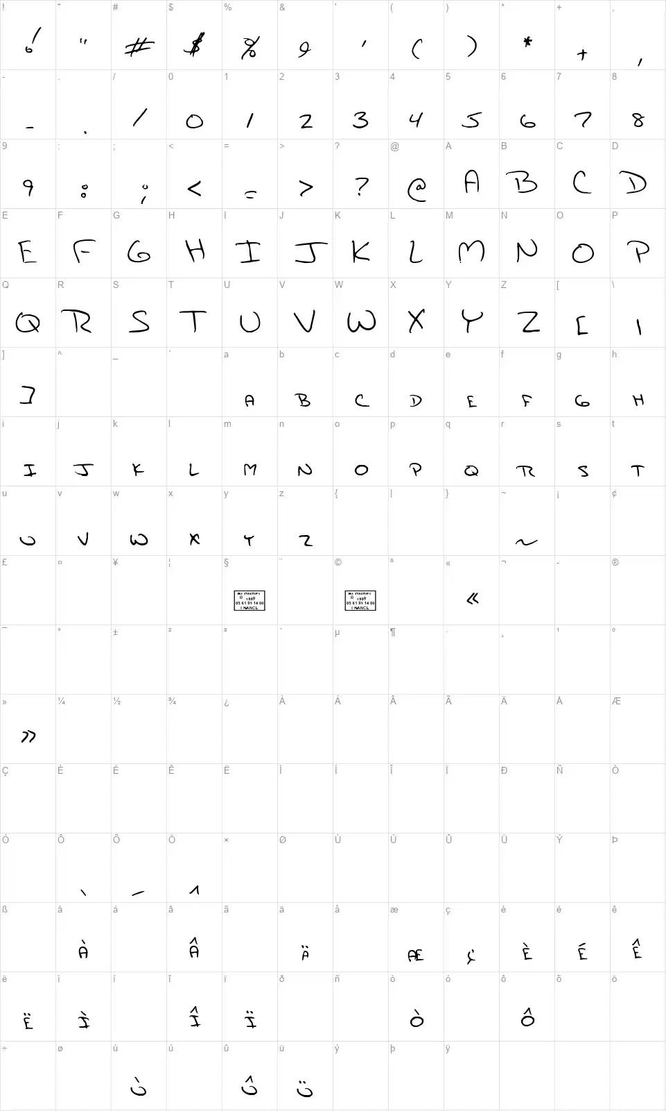 Jamifont character map