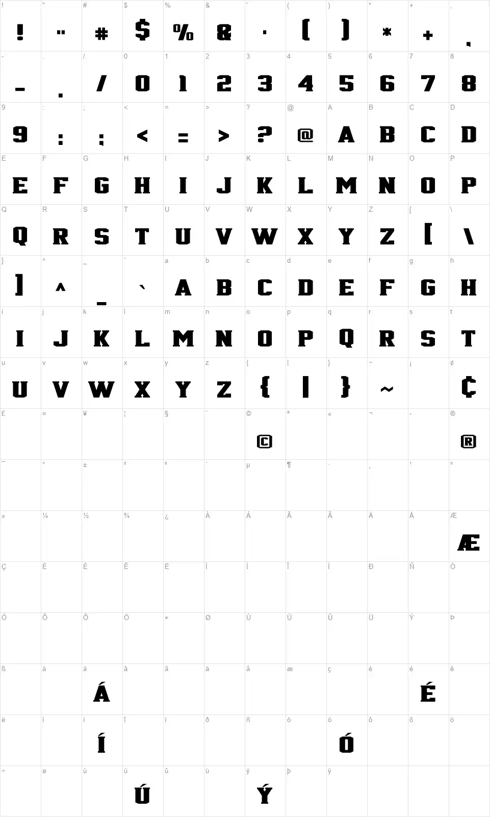 Jersey 716font character map