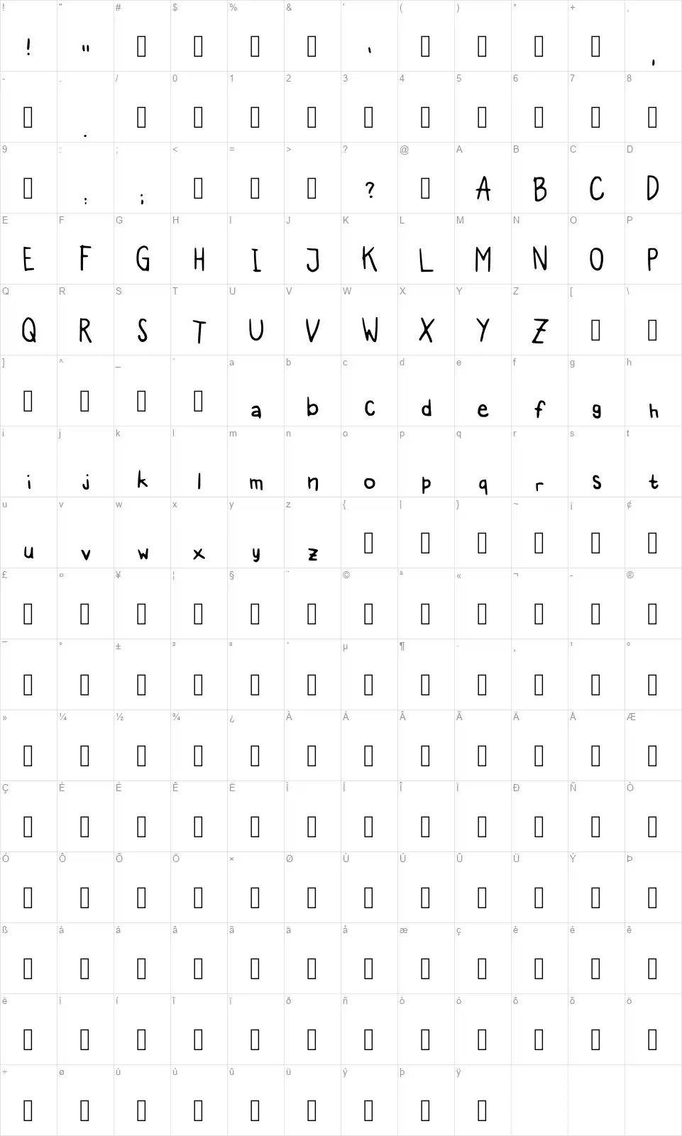 Kids Ideasfont character map