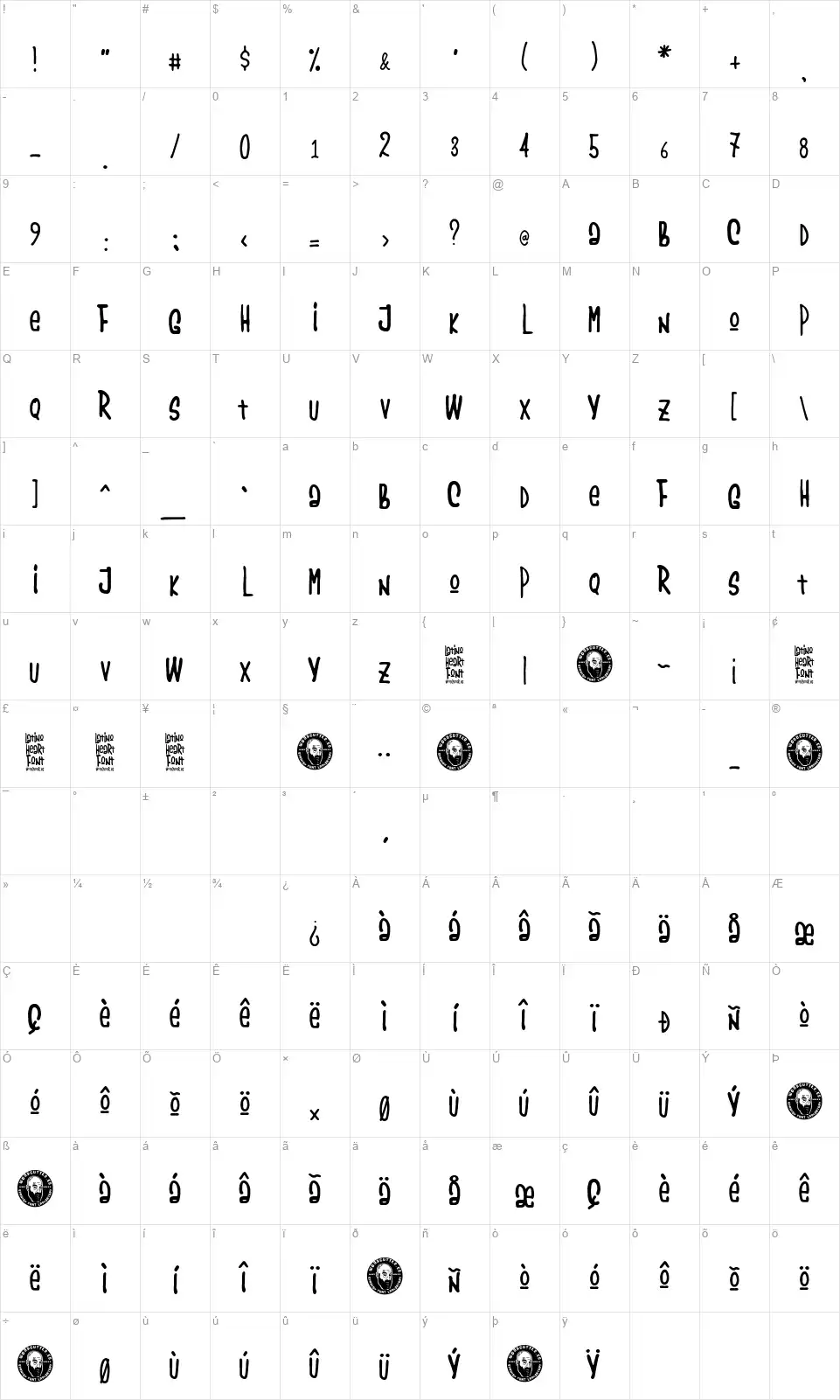 Latino Heartfont character map