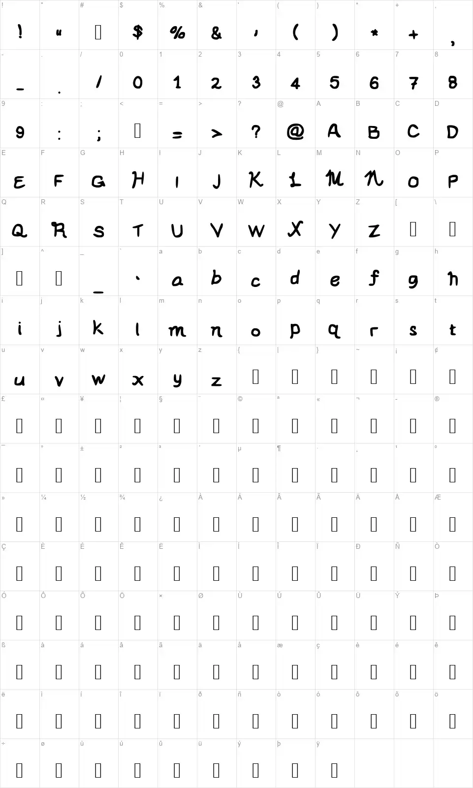 Le Dante's Super Special Fontfont character map