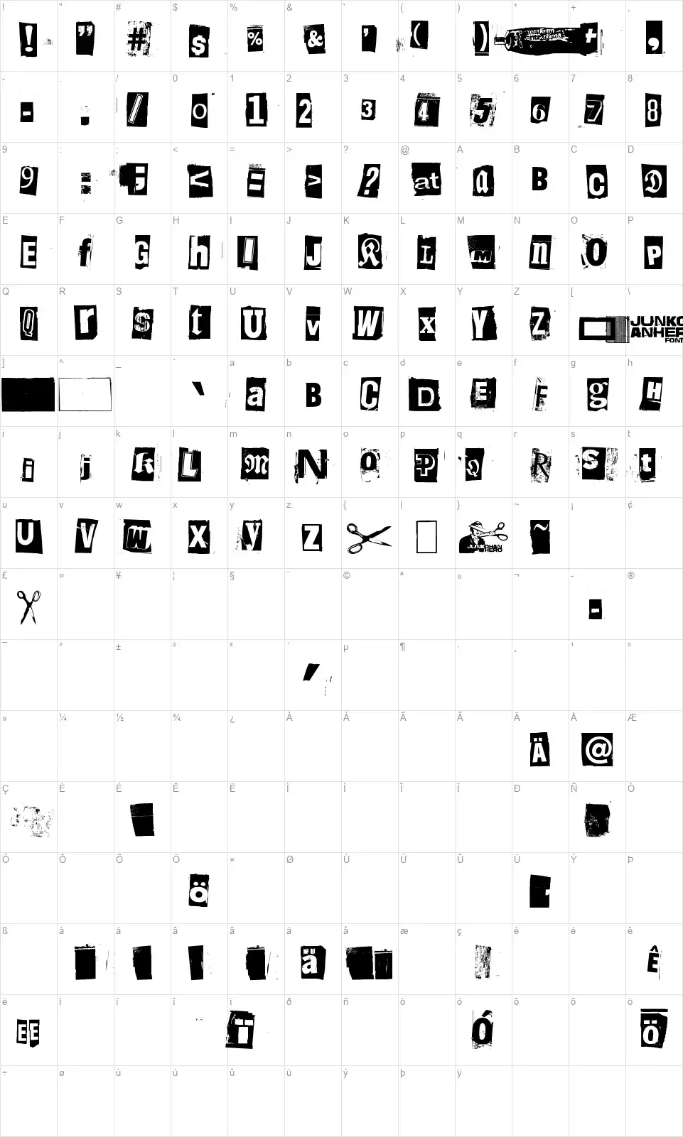 Liima, paperi, saksetfont character map