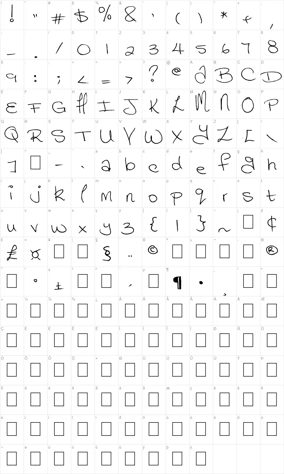Megainkfont character map