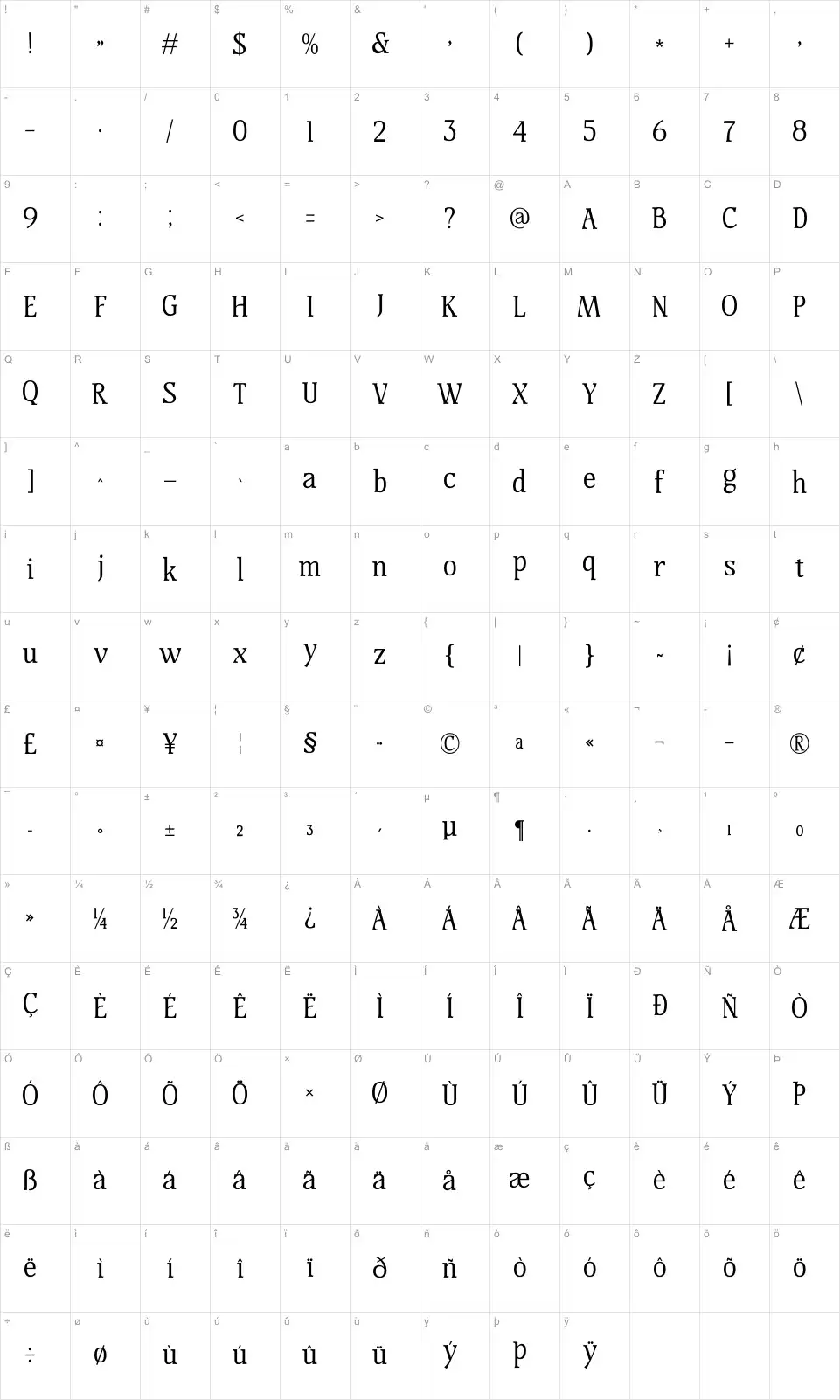 Mestalightfont character map